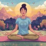 A person sitting calmly in a yoga pose, eyes closed, focusing on deep breathing, with a subtle glow around them, symbolizing peace and recovery.