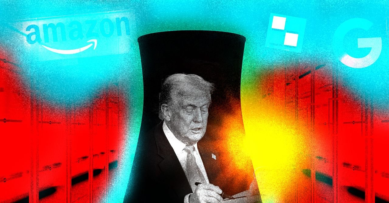 A futuristic power grid with both nuclear and coal plants, illuminated by glowing AI data streams, symbolizing the intersection of traditional energy and new technology.