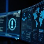 An abstract image representing artificial intelligence and cybersecurity, possibly with network nodes and data streams.