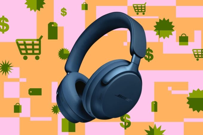 Bose QC Ultra Headphones with a person wearing them on a plane.