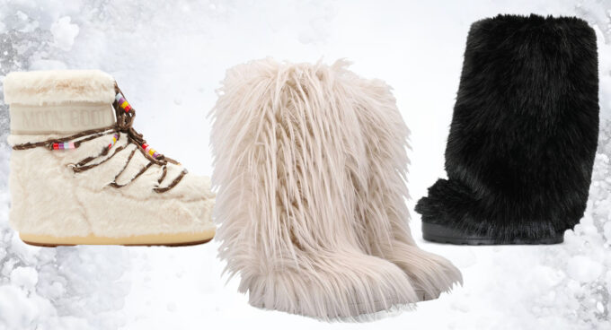 Bottes Yeti en fourrure apparente avec des lignes enveloppantes.