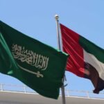 خريطة اليمن تظهر مناطق النفوذ السعودي والإماراتي مع أعلام البلدين