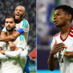 وصف الصورة: "مباراة كرة قدم بين الجزائر والإمارات في كأس العرب 2025"