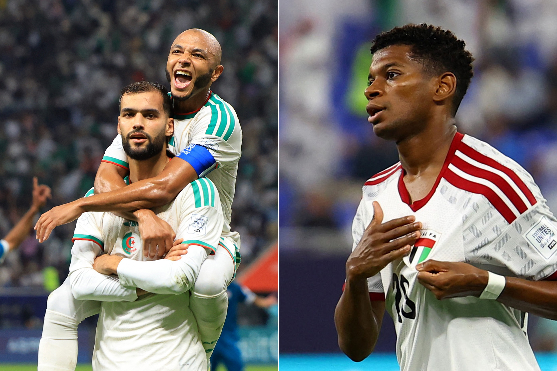 وصف الصورة: "مباراة كرة قدم بين الجزائر والإمارات في كأس العرب 2025"