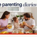 A family enjoying a meal together, with a glass of 100% orange juice on the table.