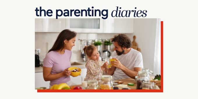 A family enjoying a meal together, with a glass of 100% orange juice on the table.