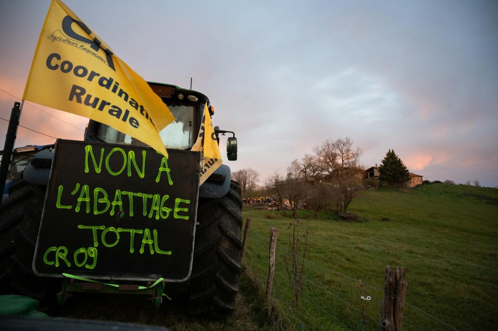 Les agriculteurs protestant contre l'abattage des élevages.