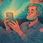 A person smiling while looking at their phone with a memory reel playing in the background.