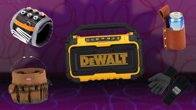 A DIYer wearing safety glasses and holding a tool, with a toolbox and workbench in the background.