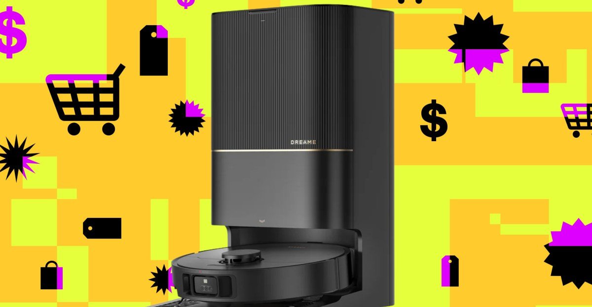 The Dreame X40 Ultra robot vacuum cleaner with its charging dock and self-cleaning station.