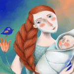 A child looking up at a parent with a concerned expression, with a subtle background of a family photo.