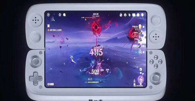 The OneXSugar Wallet gaming handheld in its compact, folded clamshell form.