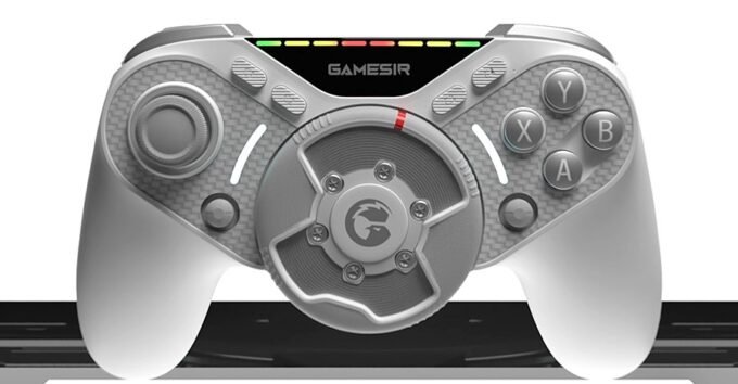 GameSir Swift Drive controller featuring a central, tiny force feedback steering wheel with rubberized grip, alongside the Turbo Drive racing sim setup.