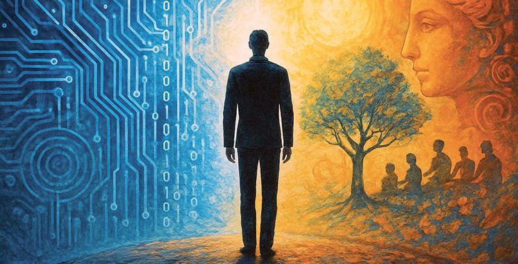 Un humain et une IA travaillant ensemble.