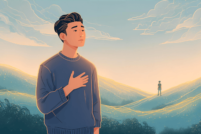 Alt text for the image: A person smiling and hugging a friend, with a subtle background of a cityscape to represent the complexity of relationships.