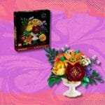 Alt text for the image: "Lego Botanicals Flower Arrangement on a table with a white vase and 14 flowers"