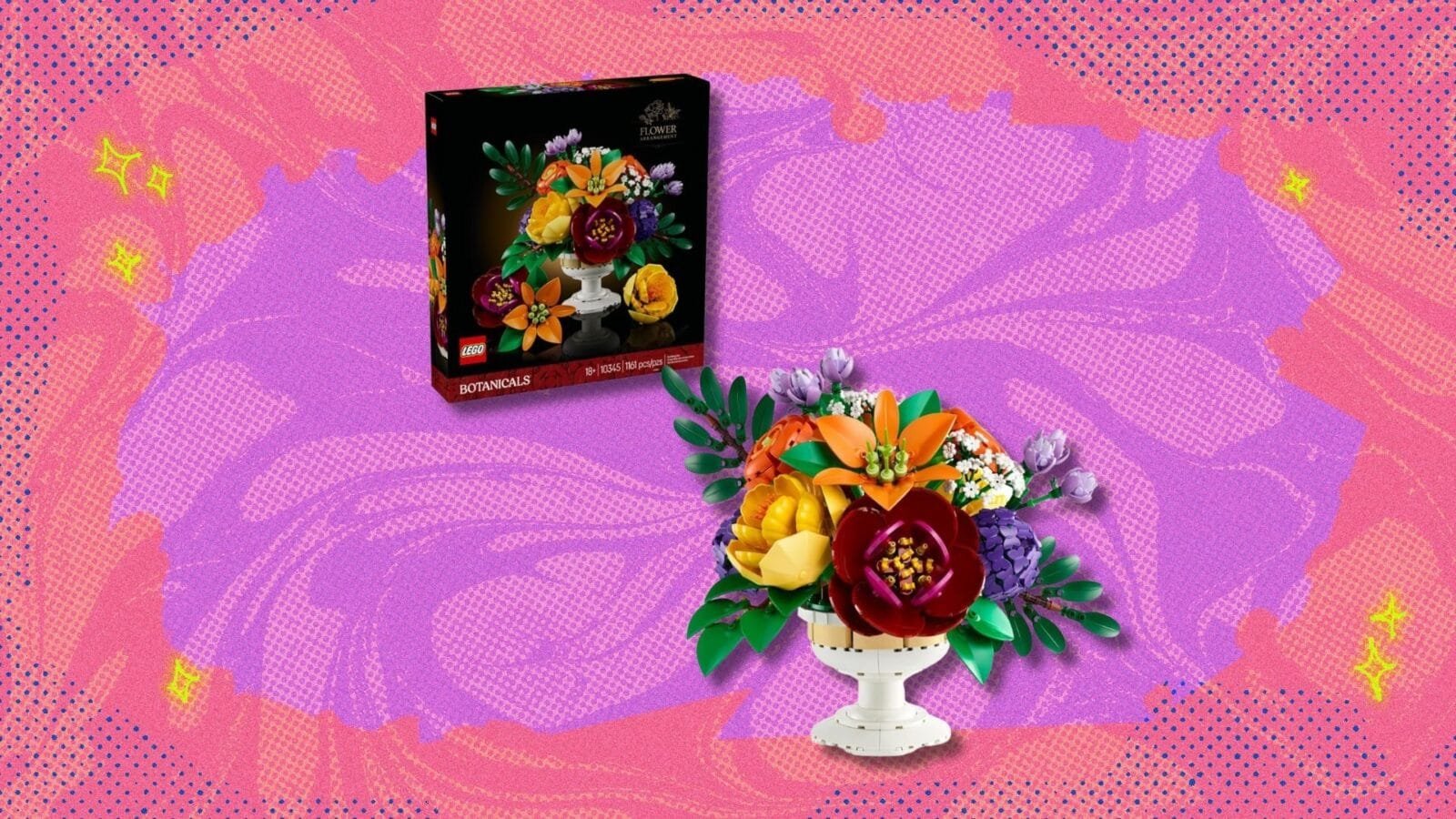 Alt text for the image: "Lego Botanicals Flower Arrangement on a table with a white vase and 14 flowers"