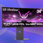 LG 34-inch curved gaming monitor with a gamer in the background.
