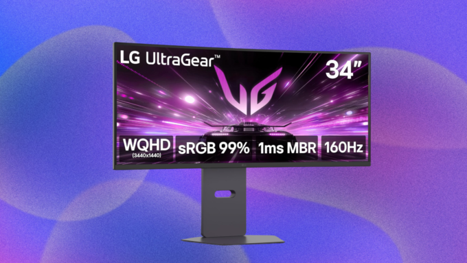 LG 34-inch curved gaming monitor with a gamer in the background.