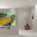 LG Gallery TV with a white frame displaying digital artwork in a contemporary living room