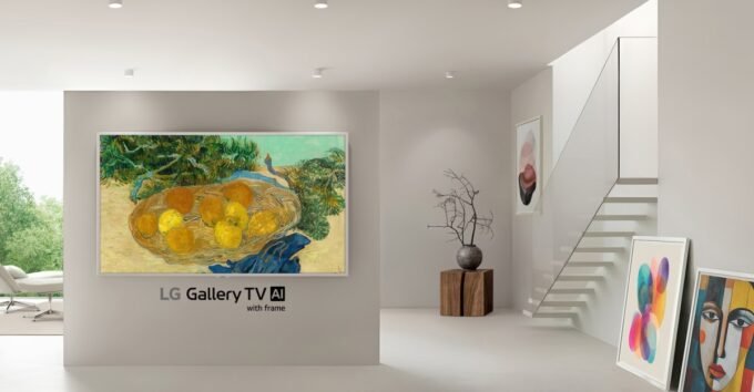LG Gallery TV with a white frame displaying digital artwork in a contemporary living room