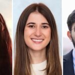 Three diverse professionals smiling while using laptops, with LinkedIn logo in the background, symbolizing successful job searching.