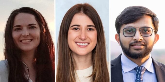 Three diverse professionals smiling while using laptops, with LinkedIn logo in the background, symbolizing successful job searching.