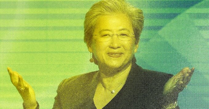 Lisa Su speaking at a conference, with a confident expression.