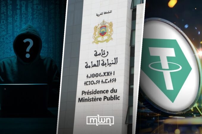 A digital representation of cybercrime, with Morocco's map and cryptocurrency symbols, illustrating the intersection of technology and illicit activities.