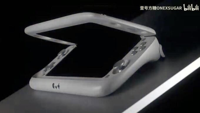 The OneXSugar Wallet retro gaming handheld with its foldable screen partially open, showcasing its unique design and controls.