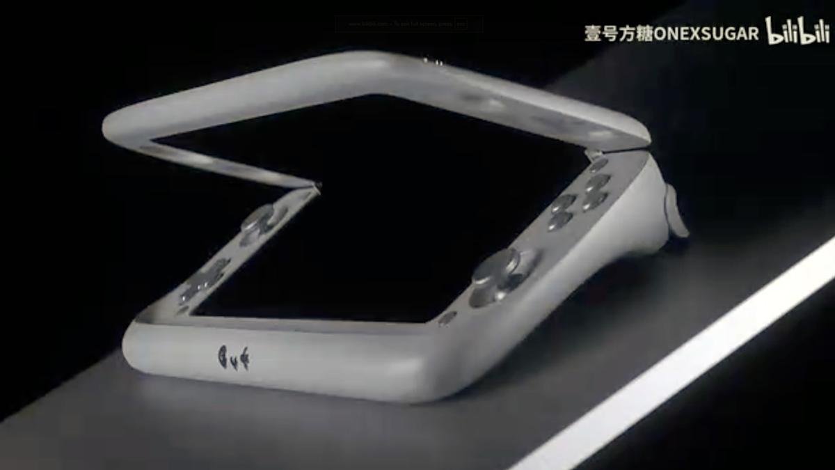 The OneXSugar Wallet retro gaming handheld with its foldable screen partially open, showcasing its unique design and controls.