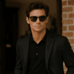 A person with a confident and respectful demeanor, surrounded by a team of employees who look up to them.