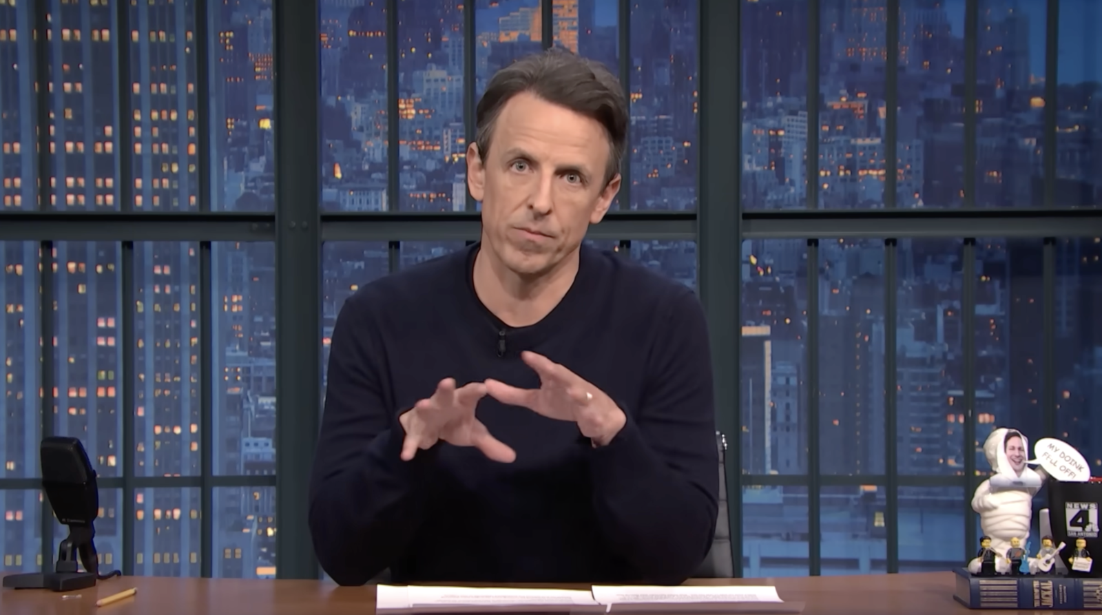 Seth Meyers pays tribute to Rob Reiner, slams Trump for his post 3 Seth Meyers on stage, with a photo of Rob Reiner in the background.