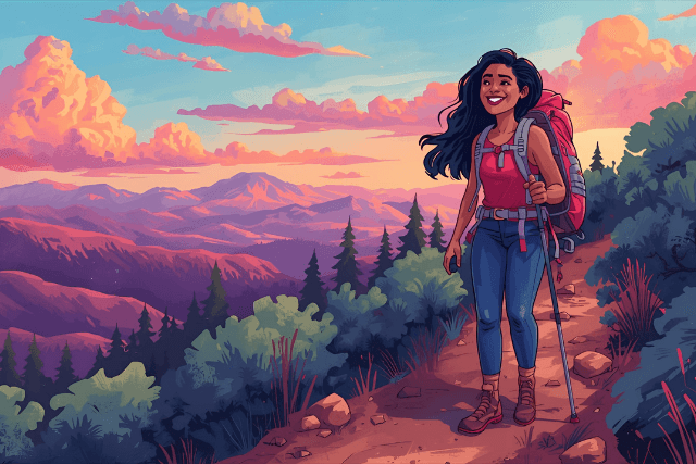 A woman smiling and enjoying a solo activity, such as reading or hiking.