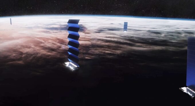 Starlink satellites with solar arrays deployed.