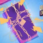 A person holding a brick with a smartphone screen in the background