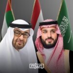 Flags of UAE and Saudi Arabia with a map of Yemen in the background, representing the escalating geopolitical tensions and troop withdrawal.