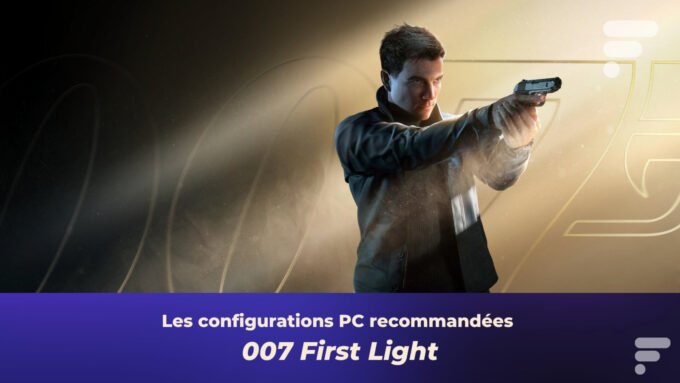 Image illustrant les configurations PC requises pour le jeu 007 First Light, avec des composants informatiques et le logo du jeu.