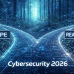 Digital lock icon representing cybersecurity with a futuristic background, symbolizing 2026 predictions and data analysis.