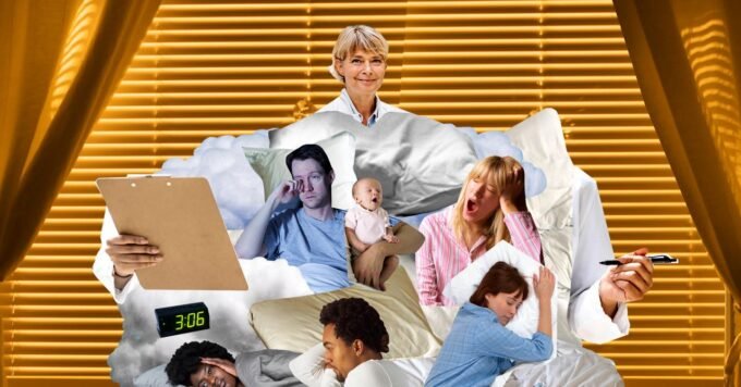 An adult looking tired but hopeful, perhaps with a phone nearby, symbolizing the struggle with doomscrolling and the path to better sleep.