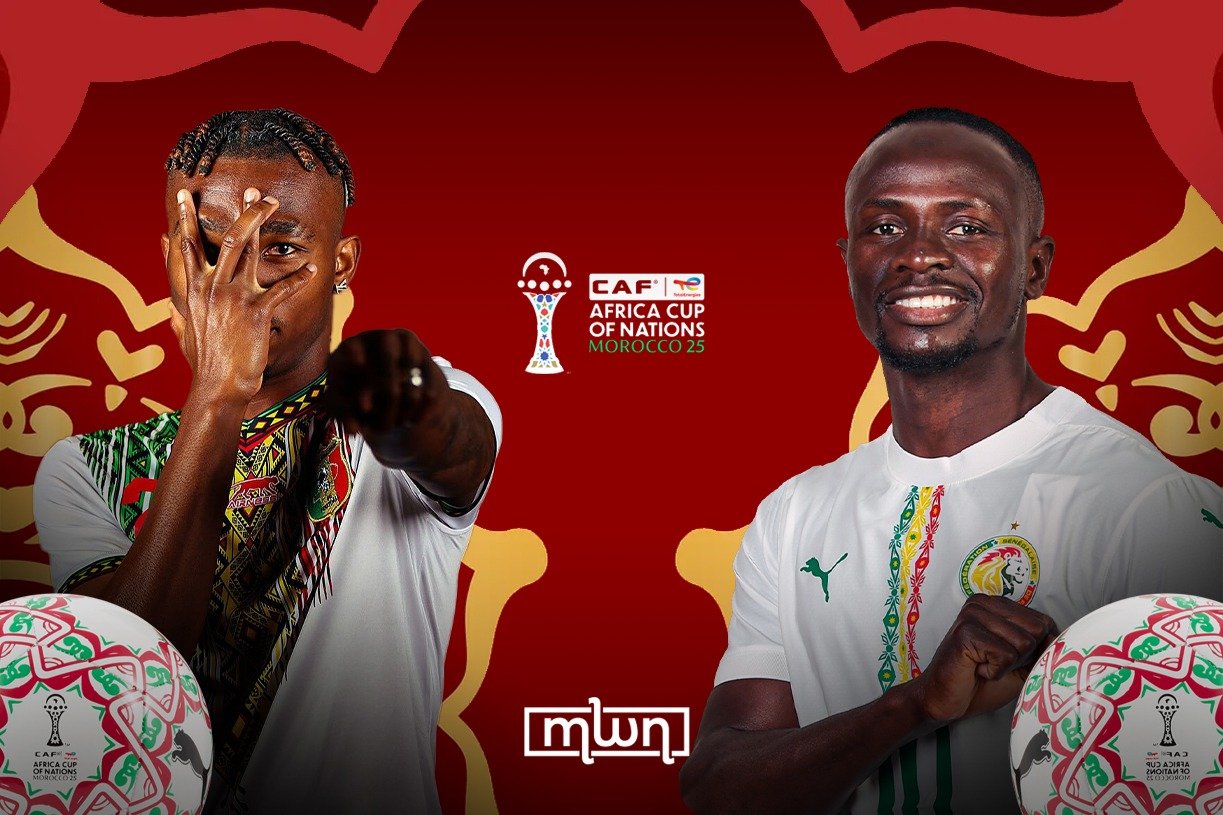 Footballers from Senegal and Mali competing for the ball during an AFCON 2025 quarterfinal match.