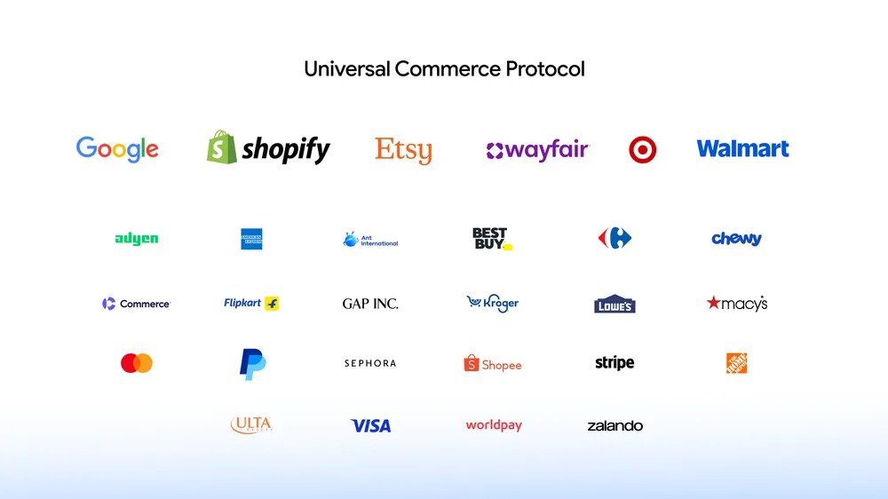 Illustration of Google's Universal Commerce Protocol (UCP) connecting AI agents, online shoppers, and various e-commerce platforms.