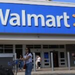 A shopper interacting with a digital interface on a mobile phone, displaying Walmart products and Google Gemini's AI assistant.
