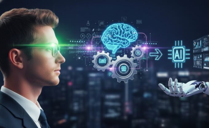 An entrepreneur looking at a dashboard with AI automation testing metrics, symbolizing efficiency and growth.