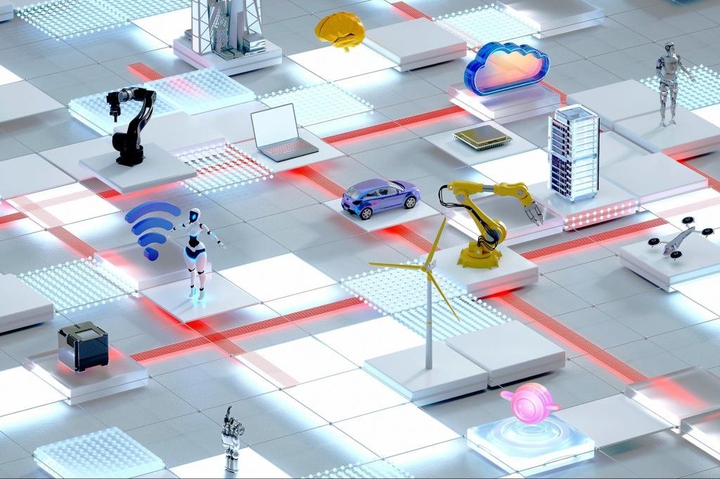 Abstract representation of artificial intelligence networks connecting various industries and business functions.