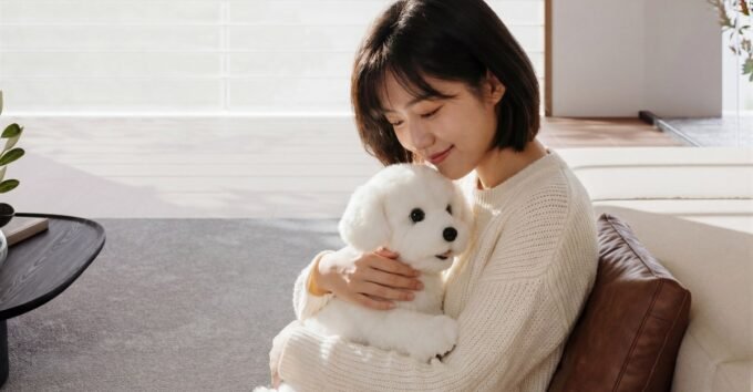 A robot resembling a Bichon Frisé dog, representing AI companion pets at CES 2026.