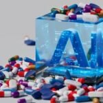 An abstract visual representation of artificial intelligence at work in drug discovery, with molecules and data flowing, symbolizing innovation and speed in pharmaceutical research.