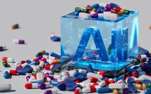 An abstract visual representation of artificial intelligence at work in drug discovery, with molecules and data flowing, symbolizing innovation and speed in pharmaceutical research.