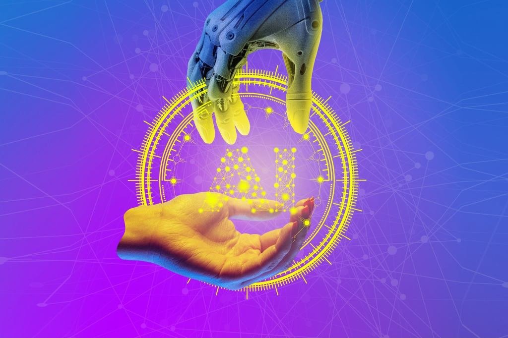 An AI robot hand interacting with business analytics on a digital screen, symbolizing automation and solo entrepreneurship.