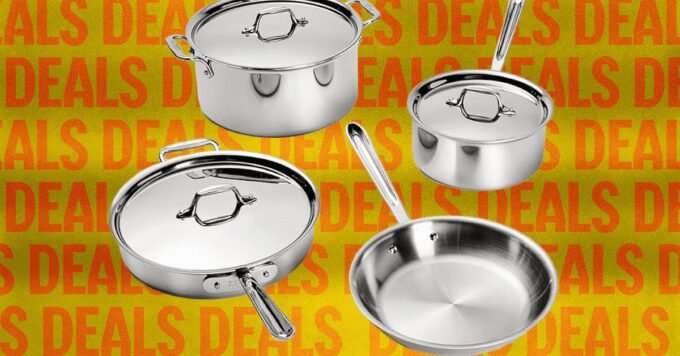 Assortment of All-Clad cookware, including pots, pans, and skillets, showcasing the quality and design of the brand.